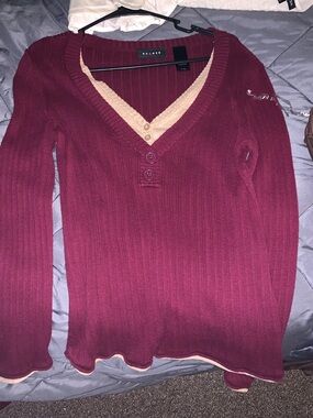 Axcess Burgundy Ribbed V-Neck Sweater with Cream Trim